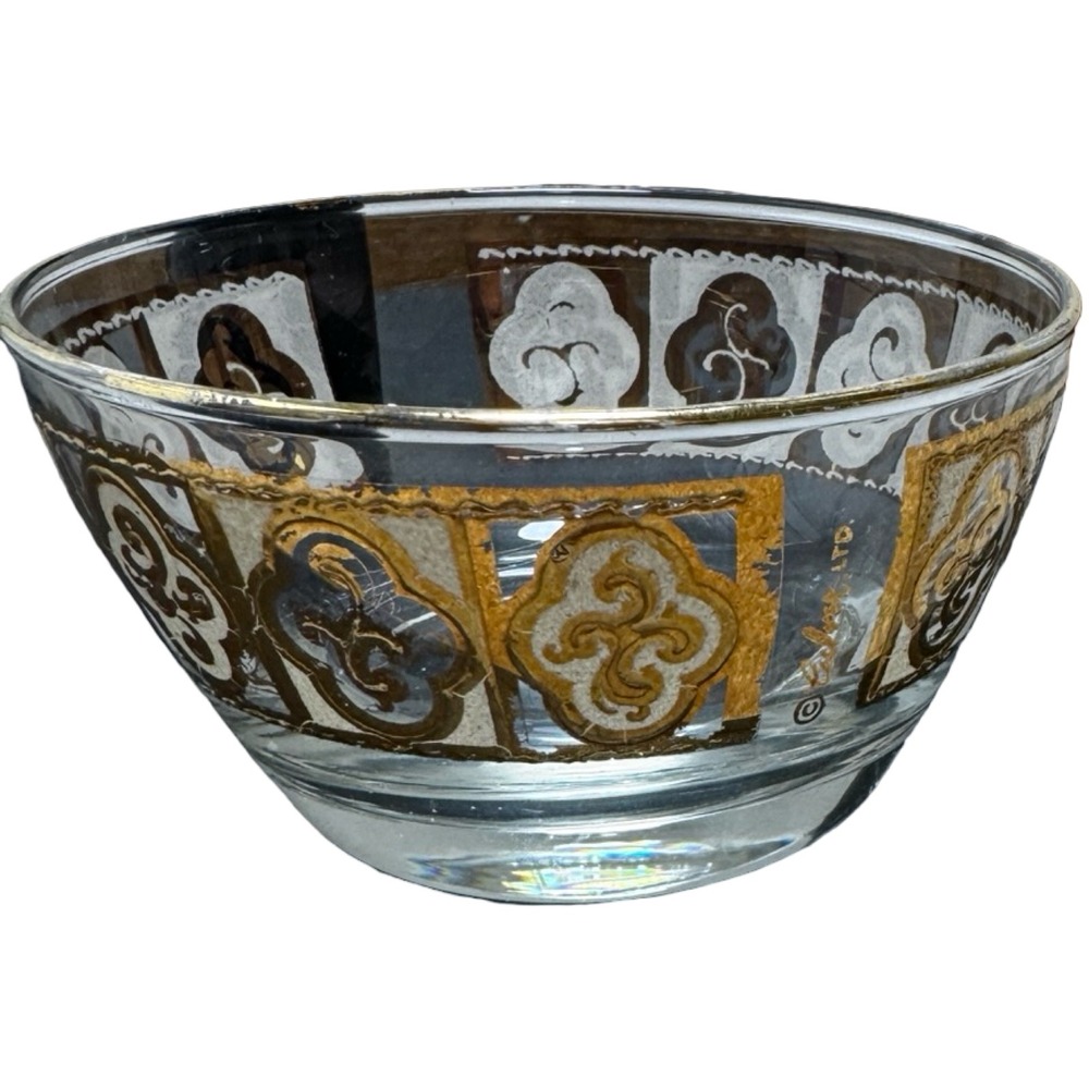 Culver Valencia Glass‎ Nut Bowl Vintage 4.5in Gold White MCM Signed Good